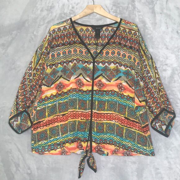 Ali Miles Top Womens 1X Orange Blue Geometric Print Semi Sheer V Neck Front Tie - Picture 1 of 10